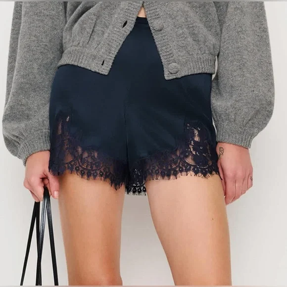 Satin Silk Lace Trim Shorts High Waisted Midnight Blue Size Small NWOT - Picture 1 of 7